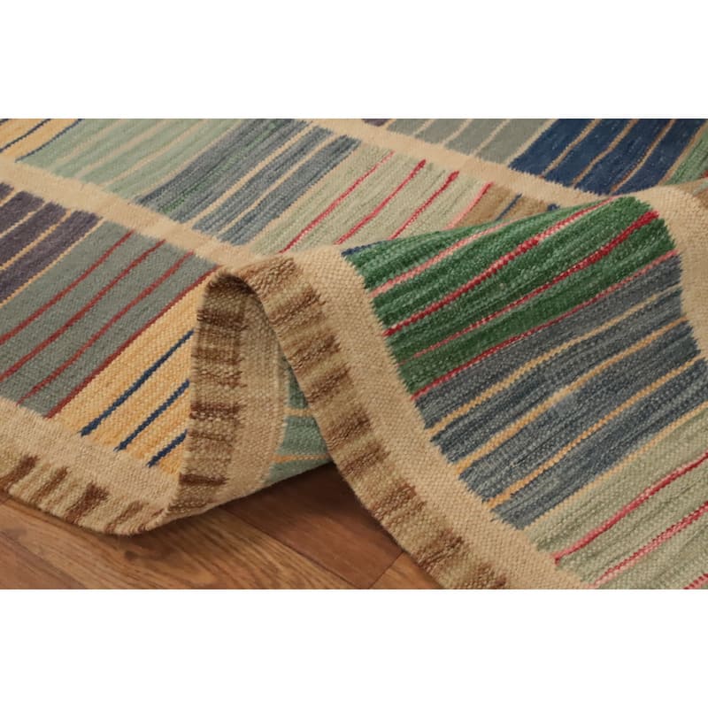 Hand Woven Oriental 100% Wool Carpet Southwestern Modern Multi-Colored Kilim Runner Rug - 10' 2'' X 2' 10''