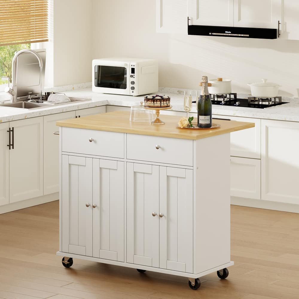 Kitchen Storage Island with 2 Drawers & Extendable Countertop - Rolling Storage Cart with Towel Rail