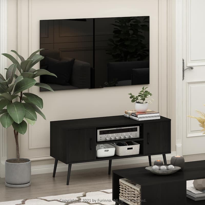 Furinno Claude Mid Century Style TV Stand with Wood Legs, Two Cabinets