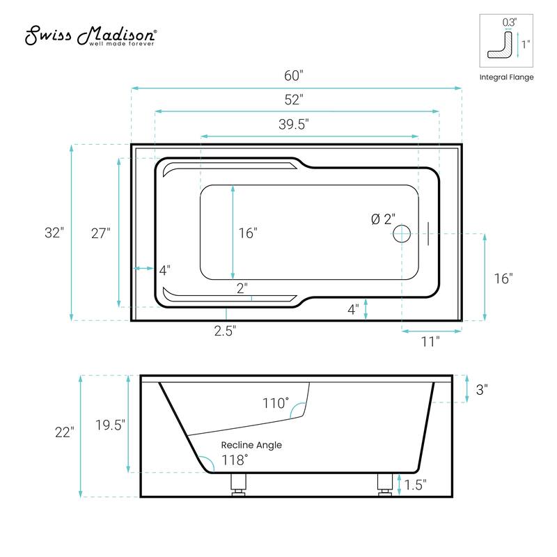 Voltaire 60 x 32 Right Drain Soaking Apron Bathtub in Black with Overflow, Drain