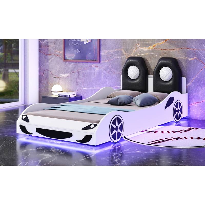 Wood Twin Size Race Car-Shaped Platform Bed With Led And Upholstered Backrest