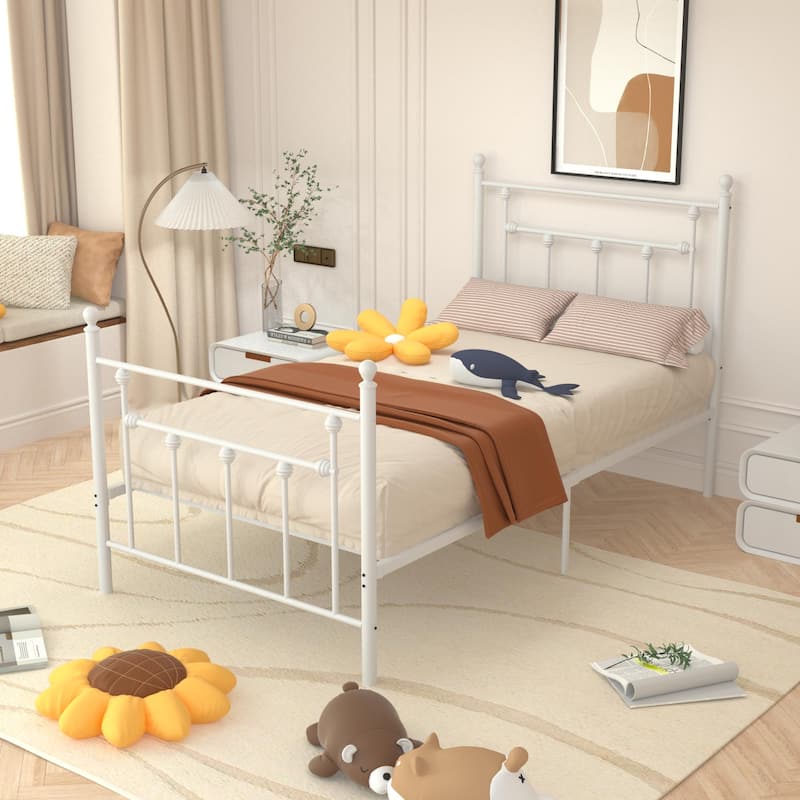 VECELO Metal Platform Bed Frame with Headboard and Footboard, Heavy Duty Slat Support/Underbed Storage Space, Victorian Style