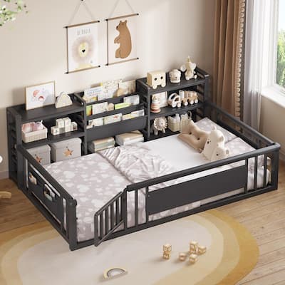 Twin Floor Bed for Kids with High Fence Door Storage Bookcase & Shelf