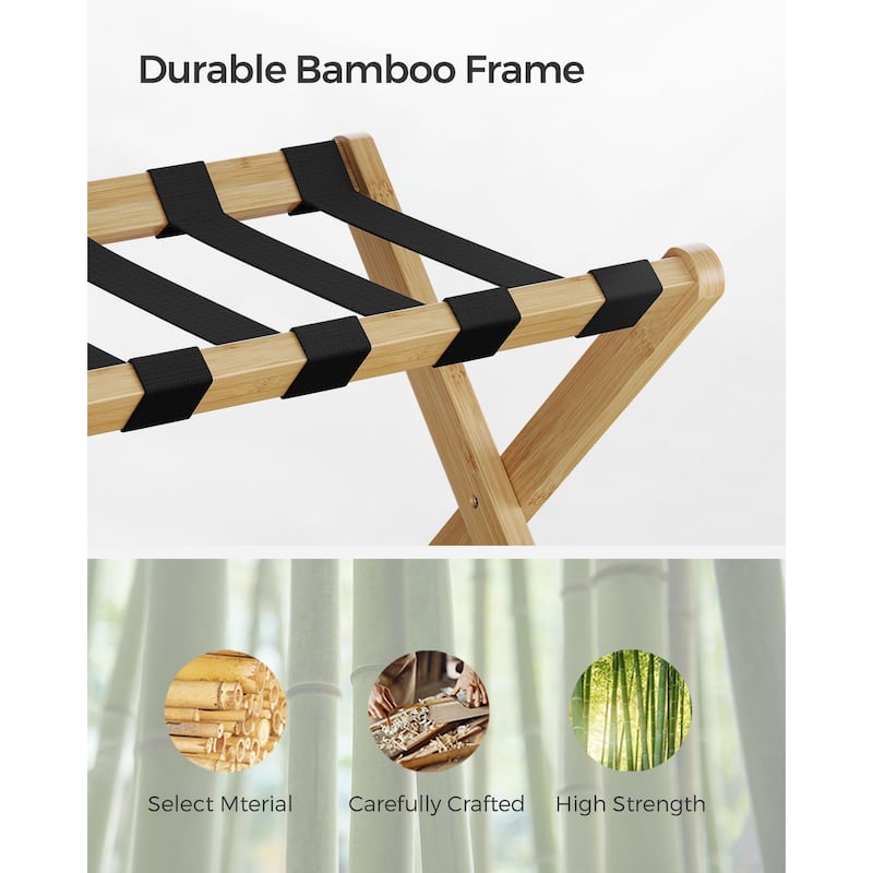 Wicker Luggage Rack with Nylon Support Straps and Storage Shelf Foldable Travel Suitcase Stand