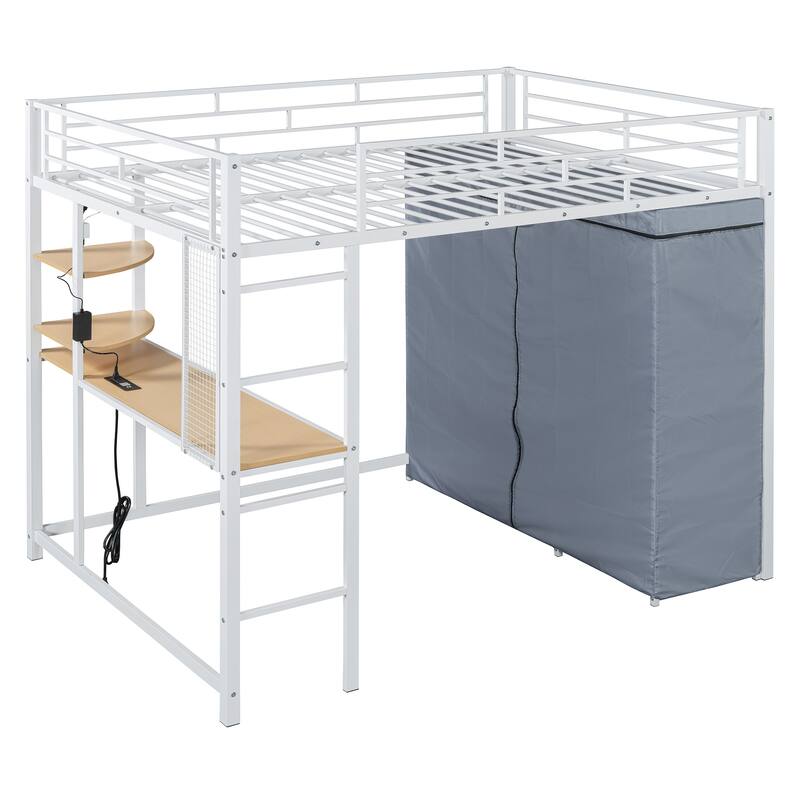 Space-Saving Full Size Loft Bed with Built-in Desk, Wardrobe, Power Outlet & LED Lighting