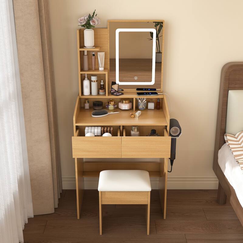 Small Vanity Table with LED Mirror, Compact Makeup Vanity Desk Dressing Table with Power Outlet, Hairdryer Holder & Stool