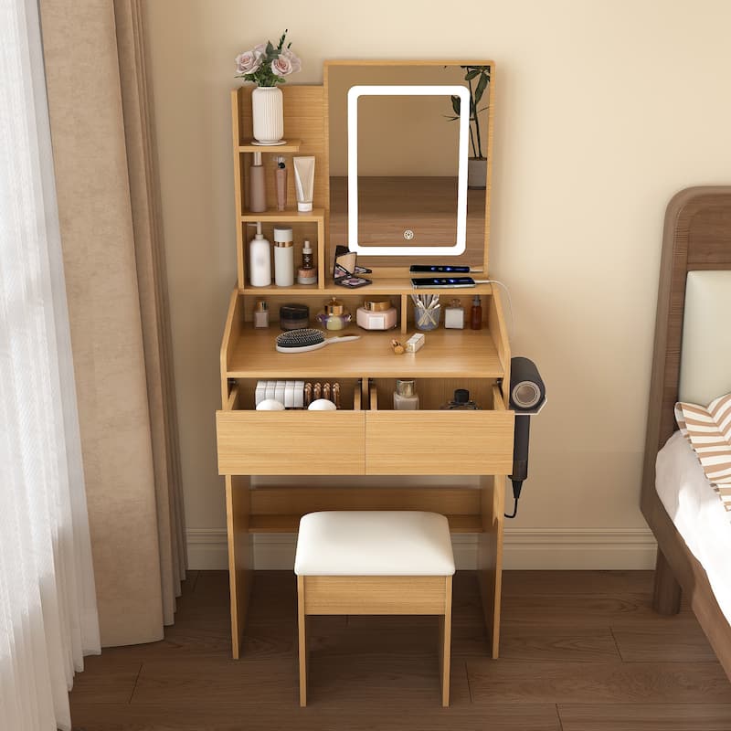 Vanity Table with LED-Illuminated Mirror, Power Outlet, Hairdryer Holder & Stool - Compact Dressing Desk for