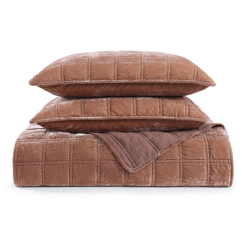 HiEnd Accents Stella Faux Silk Velvet Double Box Stitch Modern Rustic 3 Piece Quilt Set