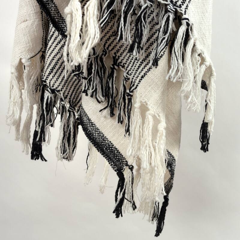 HomeRoots 50" X 60" Black And Ivory Cotton Woven Striped Throw Blanket with Fringe