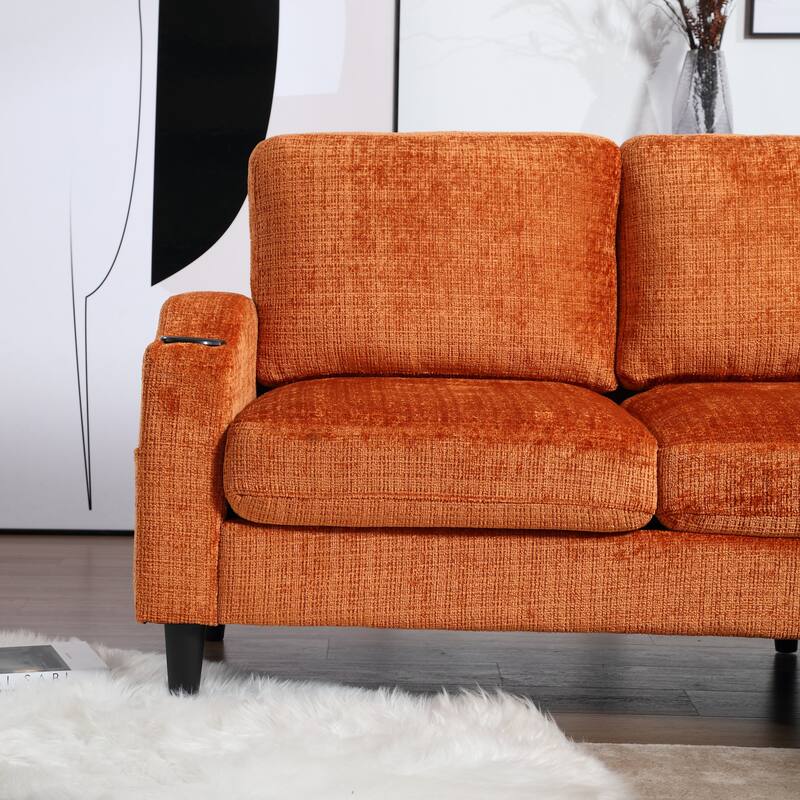 Modular Sectional Sofa with Storage Ottoman, Comfy Chenille Fabric Sofa, 3-Seater Sofa with Side Pockets & 2 Cup Holders