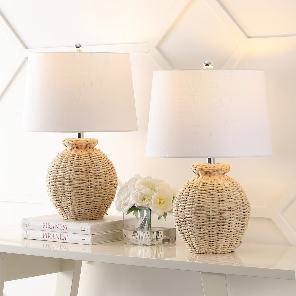 Orion 22" Rustic Coastal Rattan Globe LED Table Lamps, Brown (Set of 2), by JONATHAN Y