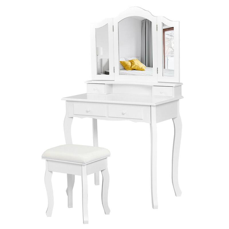 Gymax Bedroom Vanity Jewelry Makeup Dressing Table Set Folding Mirror - See Details