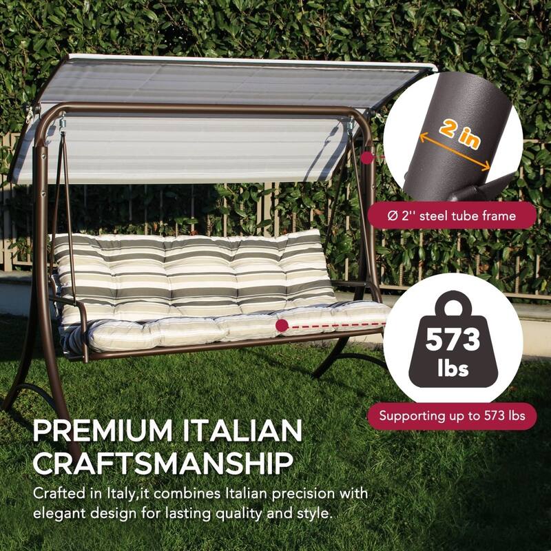 SUNJOY 3 Seat Deluxe Patio Swing Steel Frame, Adjustable Canopy Cushions Made in Italy