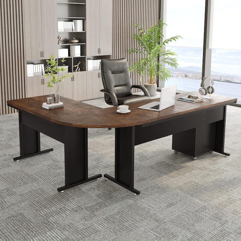 83" L-Shaped Executive Desk, Large L Office Desk with 3-Drawer Mobile File Cabinet, Business Furniture Desk Workstation - Brown
