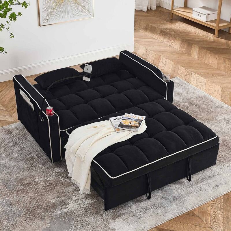 55.51'' Modern Versatile Foldable Sofa Bed With Adjustable Back and USB Port and Ashtray and Swivel Phone Stand