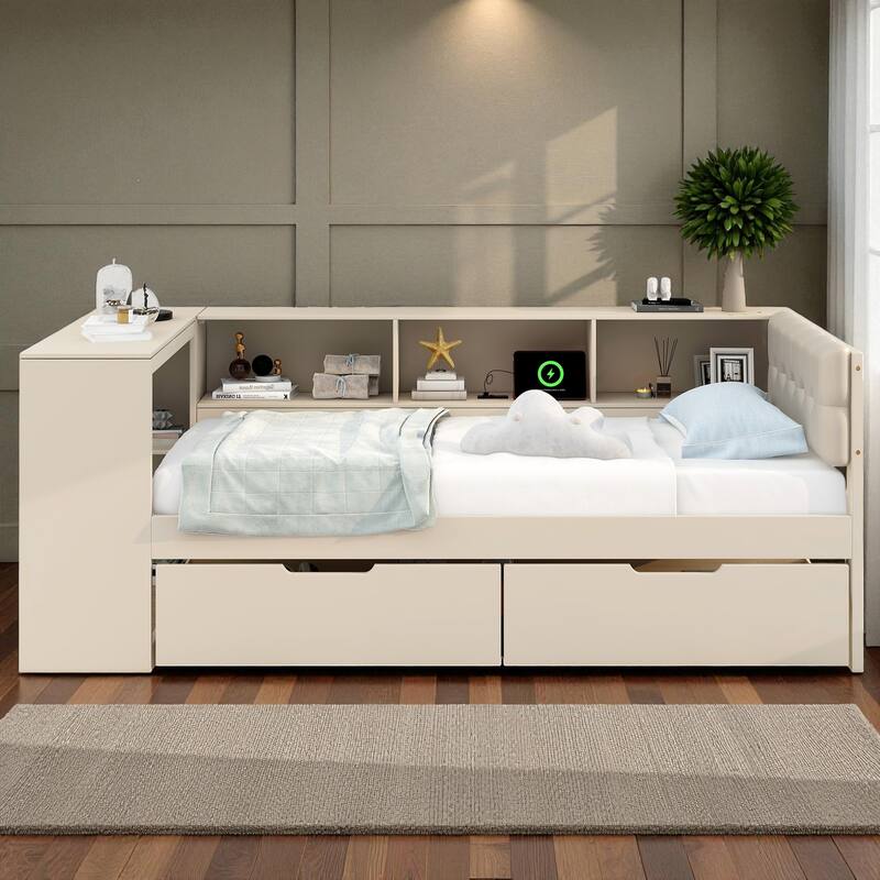 Wood Twin/Full Platform Bed with Upholstered Headboard, Storage Shelves, Drawers and Charging Station, No Box Spring Needed