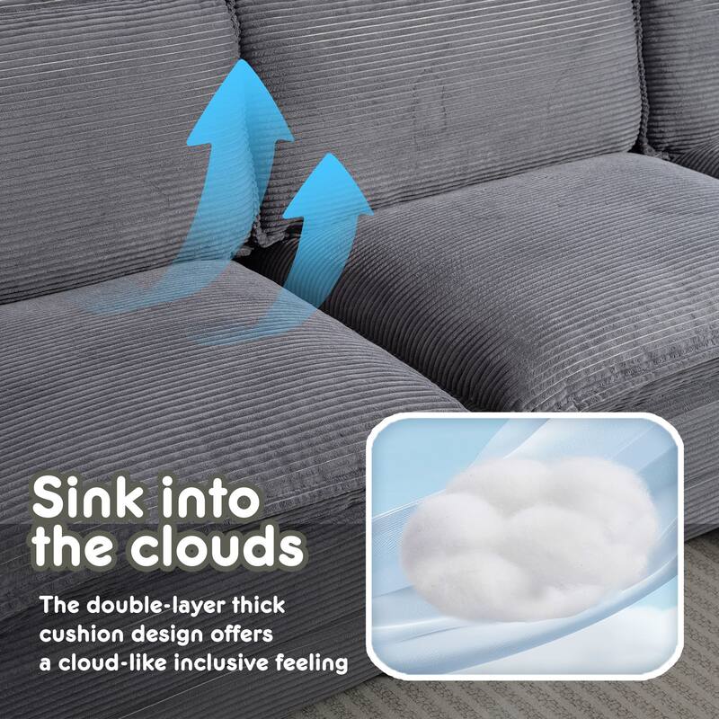 L-Shaped Modular Sectional Sofa with Ottoman, Oversized Corduroy Upholstered Cloud Couch with Cup Holders & Side Pockets