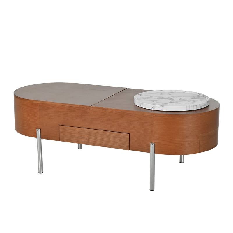 47.2" Lift Top Coffee Table with 360° Rotating Tray - Marble-Patterned Modern Oval Table with Hidden Compartment for Living Room