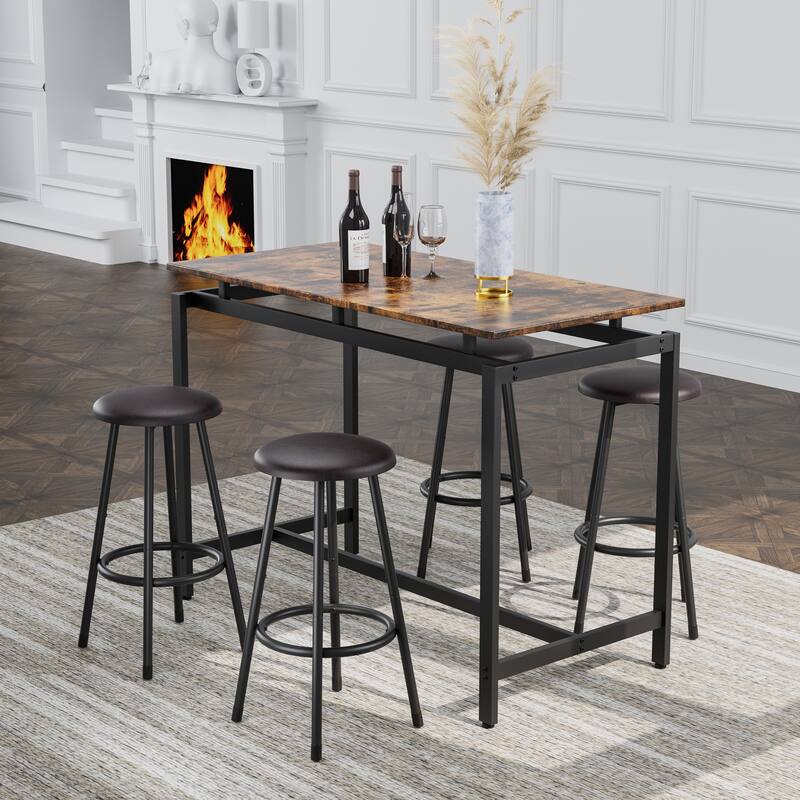 Modern 5-Piece Dining Set with Rectangular MDF Table & 4 Round Metal Footrest Bar Stools - Brown