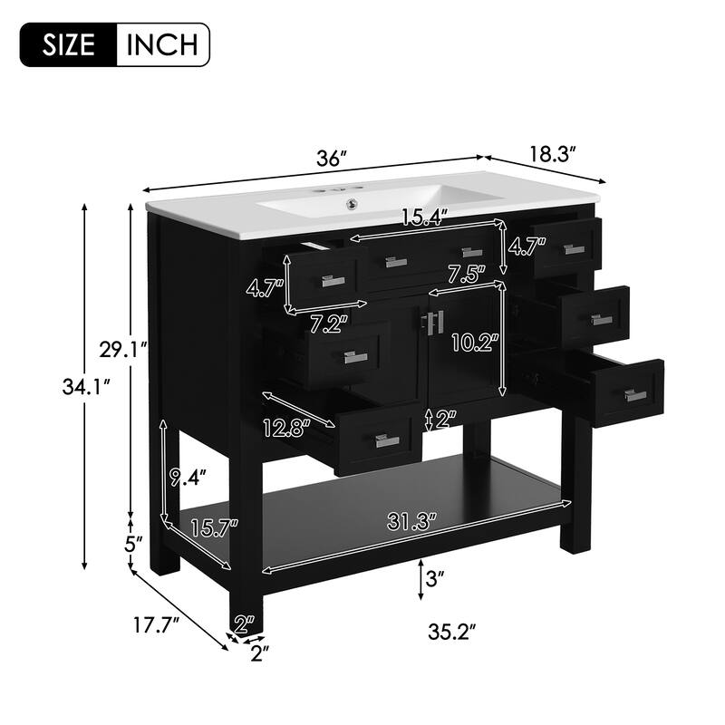 Bathroom Vanity with Top Sink, Bathroom Storage Cabinet with 2 Soft Closing Doors, Bathroom Vanities with 6 Drawers