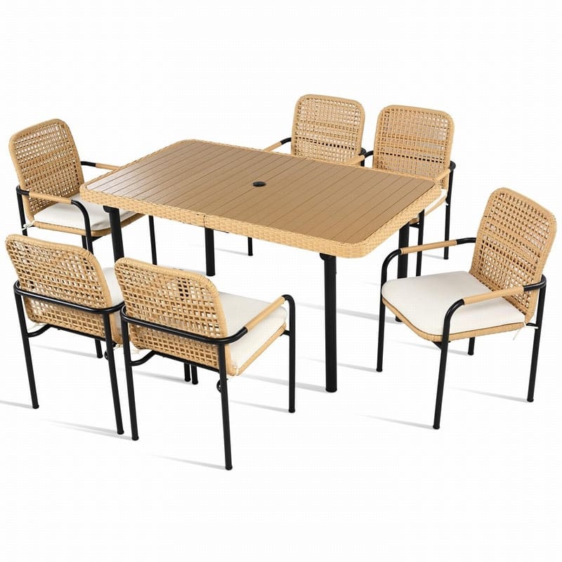 7 Piece Outdoor Wicker Dining Set with Plastic Wood Table Top and Removable Cushions for Patio Use