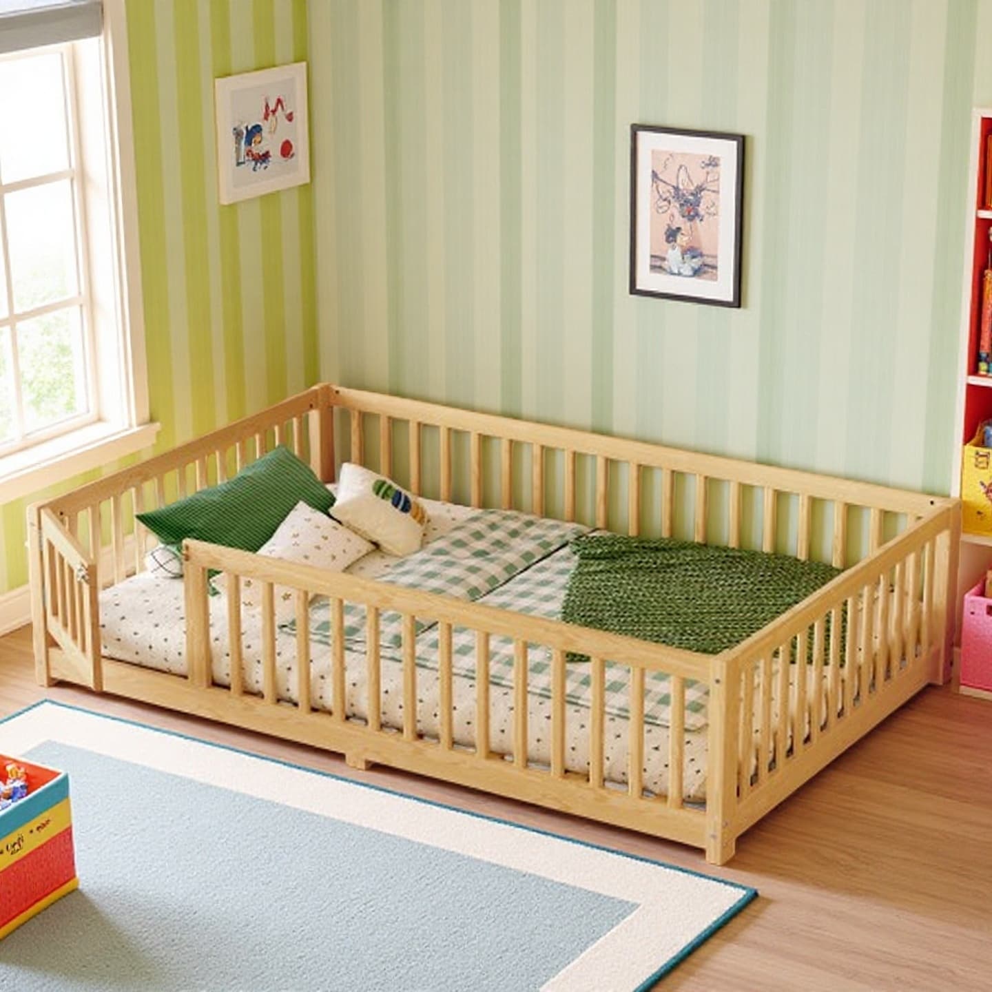 Queen Floor Bed for Kids with Removable Door, Low-Profile Wood Frame with Protective Rails, Natural Finish