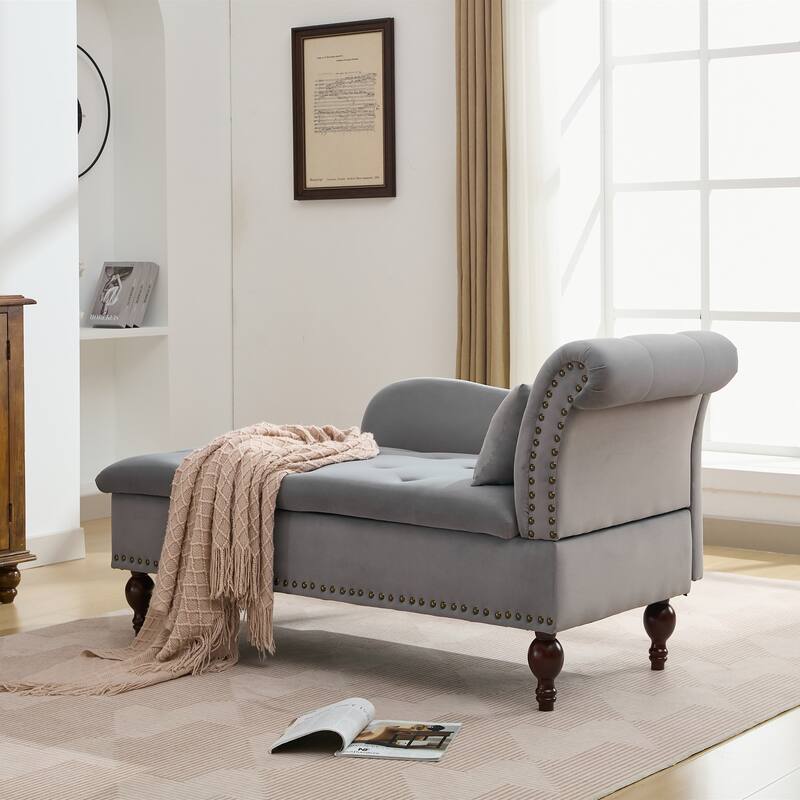 Velvet Chaise Lounge with a Storage Function, Tufted Cushions & Nailheads