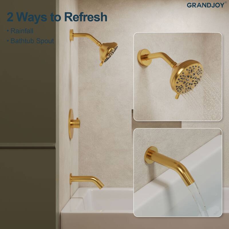 GRANDJOY 2-Function Shower System 5" High Pressure Shower Head and Tub Spout with Valve