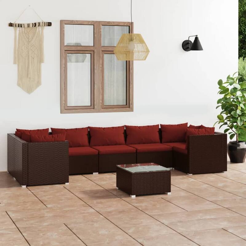 vidaXL 7 Piece Patio Lounge Set with Cushions Poly Rattan Brown - 27.6" x 27.6" x 24" - 27.6" x 27.6" x 24" - Brown/Cinnamon red 11 x Back pillow