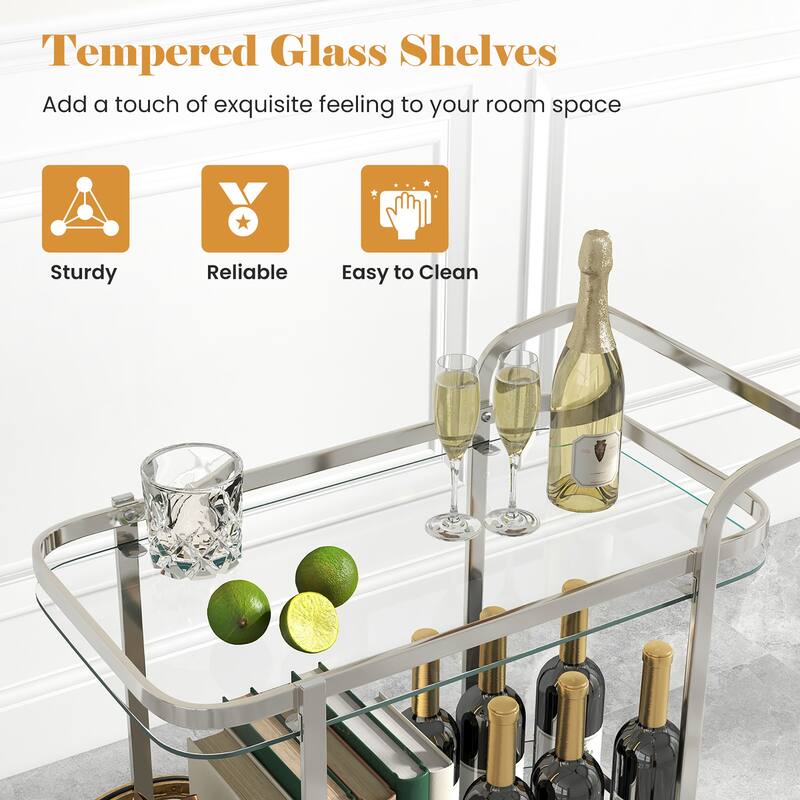 Gymax 2-Tier Serving Cart w/ Tempered Glass Shelves 2 Large Aluminum