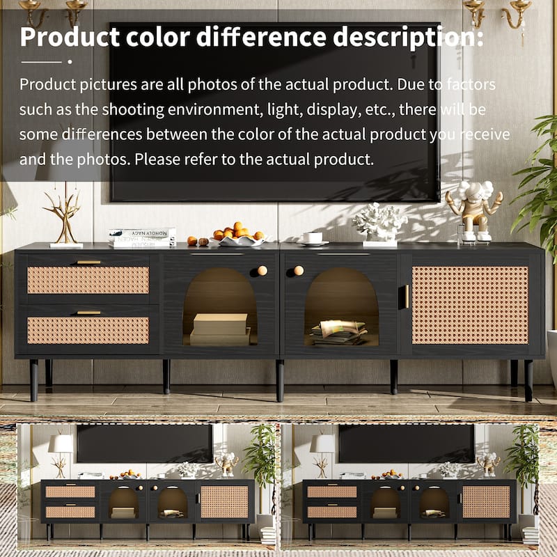 71" TV Stand for TVs Up to 80'', Entertainment Center TV Console Table with Storage, Home Media Console with Rattan Decor