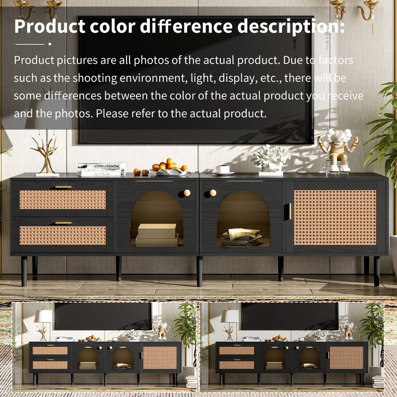 Modern Rattan TV Stand, Media Console, for TVs up to 80" with 3 Cabinets 2 Drawers and LED Lights, for Living Room, Bedroom