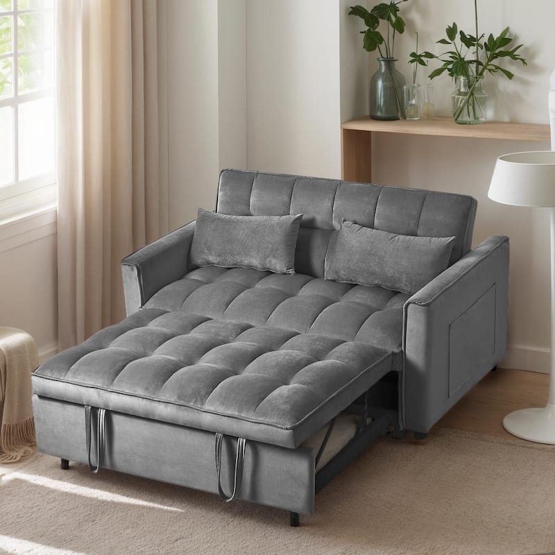 3 in1 Loveseat Convertible Pull-out Sleeper Sofa Bed, Adjustable Backrest Velvet Loveseat Futon Sofa with Pillows, Pockets