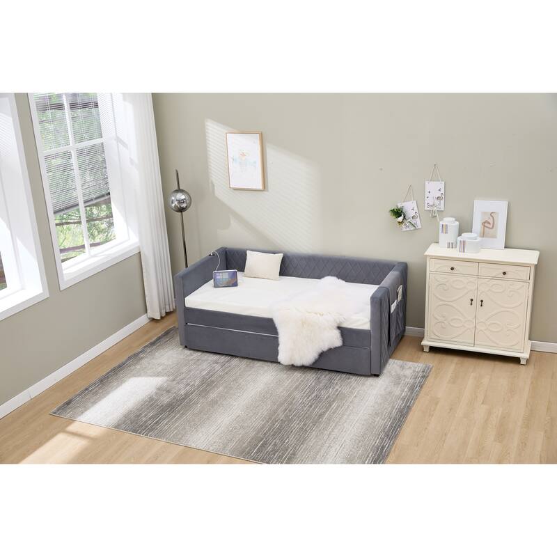 Twin Size Upholstered Daybed with Trundle, Velvet Sofa Bed with USB Port & Side Pockets, Modern V-Grained Backrest Guest Bed