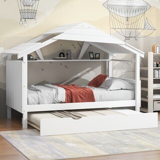 White Twin Size Solid Wood House Bed with Trundle and Storage for for Kids, Boys and Girls