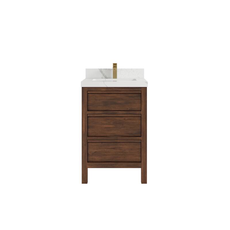 Willow Collections 24 x 22 Elizabeth Teak Single Bowl Sink Bathroom Vanity with Quartz or Marble Countertop - 2"Calacatta Laza