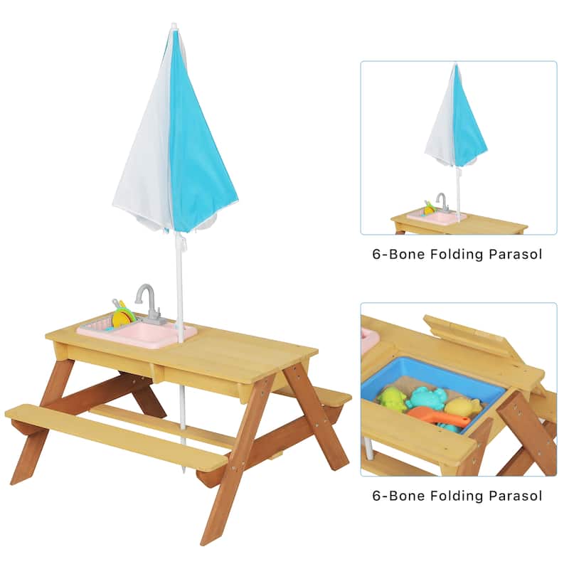 Anmytek Wooden Kids Picnic Table with Umbrella and 3 in 1 Sand and Water Activity Play Table for Outdoor Backyard Patio