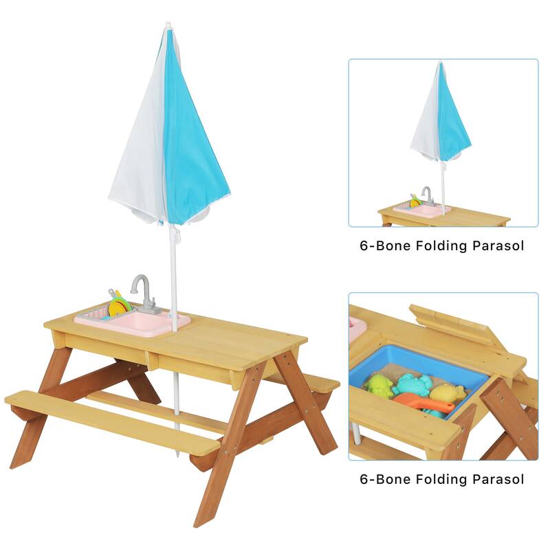 Wooden Kids Picnic Table, Sand and Water Table with Umbrella, Activity Table for Outdoor Backyard Patio Play