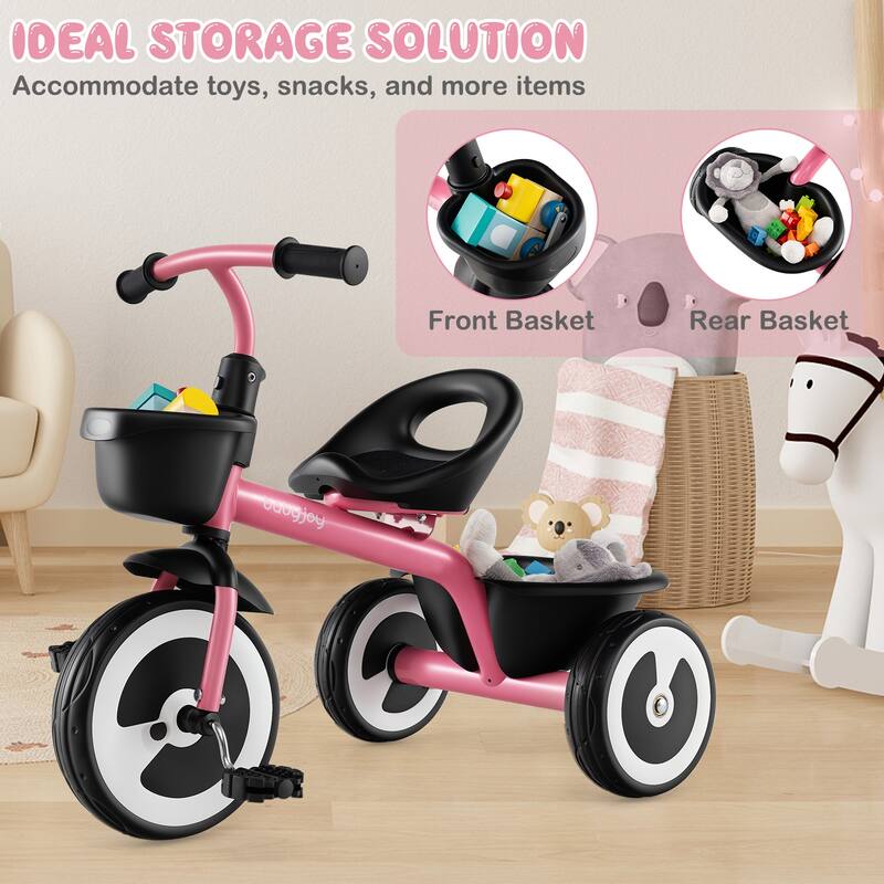 Toddler Tricycle with Adjustable Seat and Storage Baskets for 1.5-5 Years Old-White
