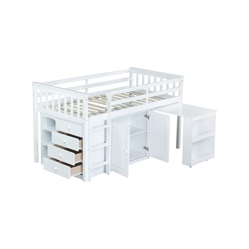 Twin Low Loft Bed Frame Storage Bed with All-in-one Cabinet Shelf Bookcase, Drawers, Guardrail, Ladder Retractable Writing Desk