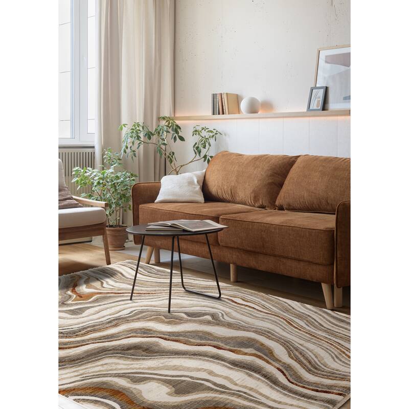 Santiago Collection - Cream Grey Brown Wavy Landscape Area Rug