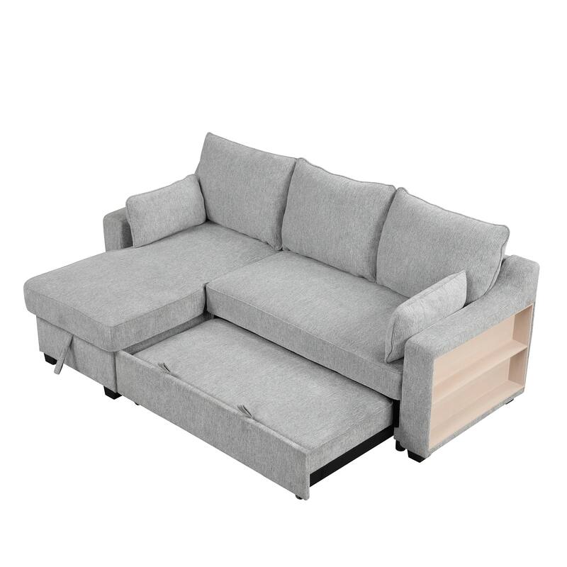 90" Convertible Sleeper Sofa with Storage Chaise, USB Ports, Storage Racks for Compact Spaces