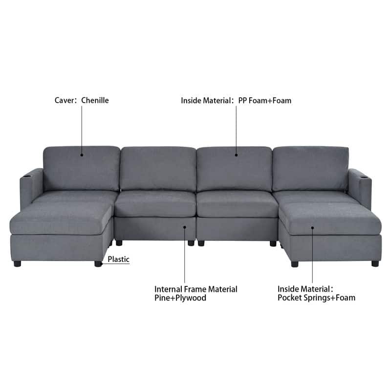 Modern U-Shape 6-Seater Sectional Sofa Bed with Storage Ottomans, Chenille Fabric