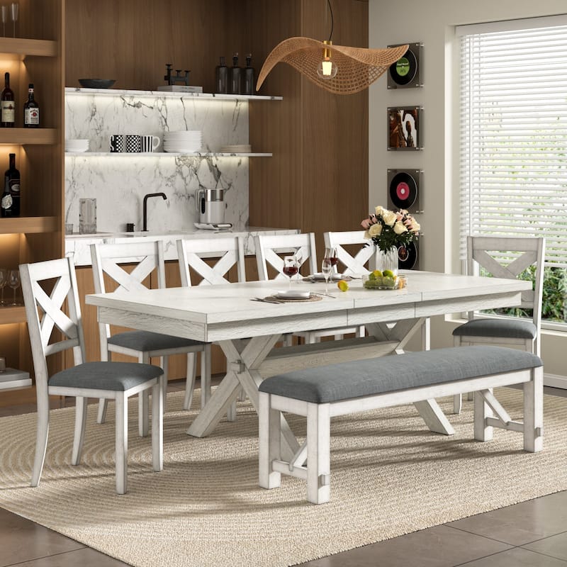 VECELO Dining Table Set with Bench, Solid Wood Rectangular Extendable Dining Table & 4/6 Solid Wood Dining Chairs