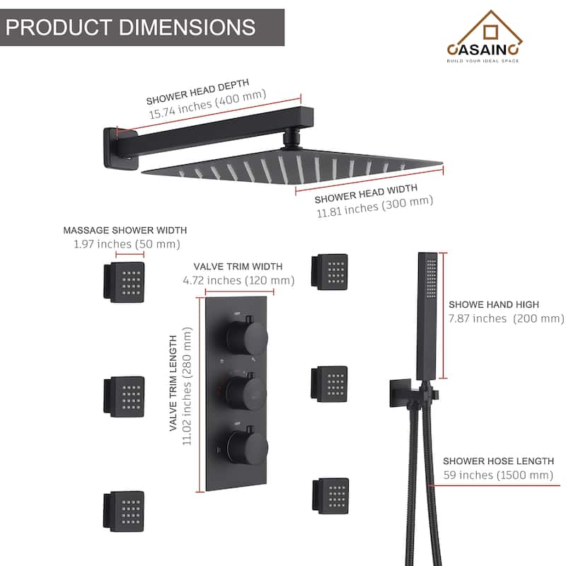 Thermostatic 12 in. Wall Mount Shower System with 6 Body Sprays