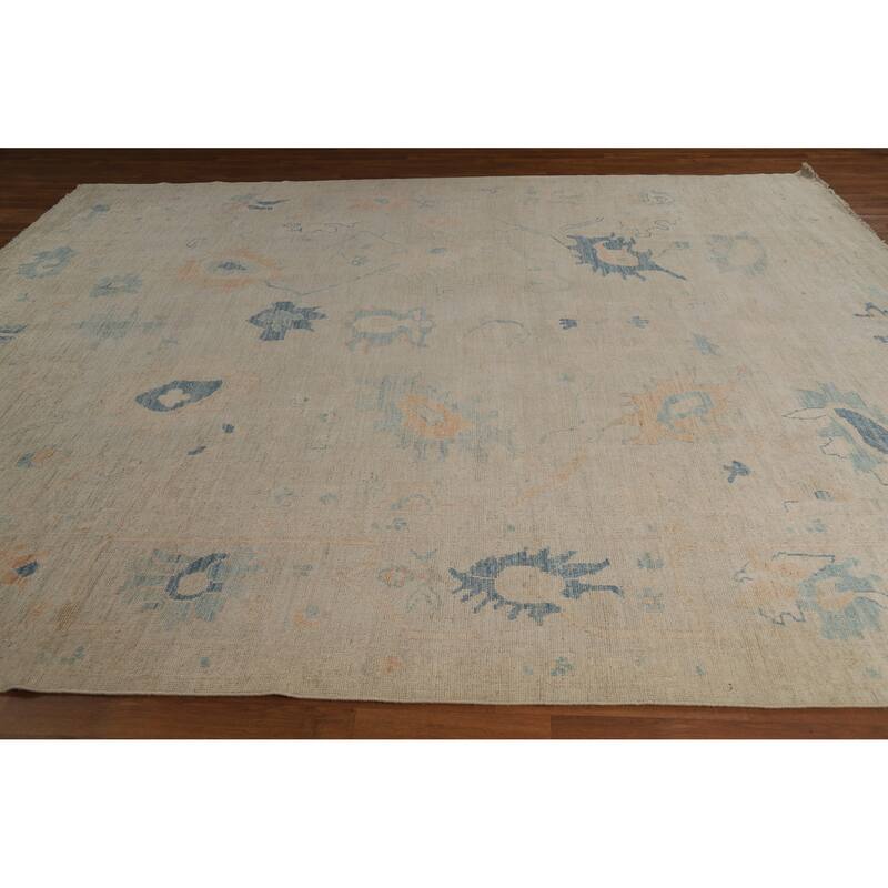 Beige Oushak Turkish Rug Hand-Knotted Transitional Wool Carpet - 9'2"x 11'3"