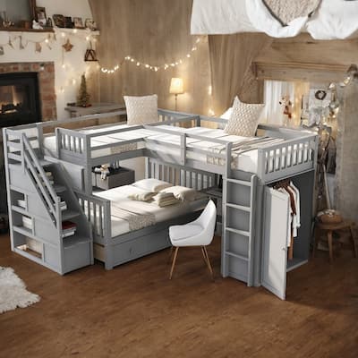 L-Shaped Triple Bunk Bed With 3 Drawers, Desk and Wardrobe, Grey