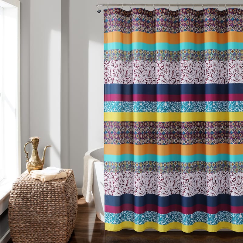 Lush Decor Boho Stripe Shower Curtain - Plum/Yellow