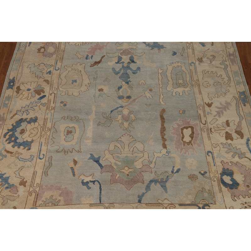 Geometric Oushak Turkish Area Rug Hand-Knotted Blue Wool Carpet - 7'9"x 10'0"