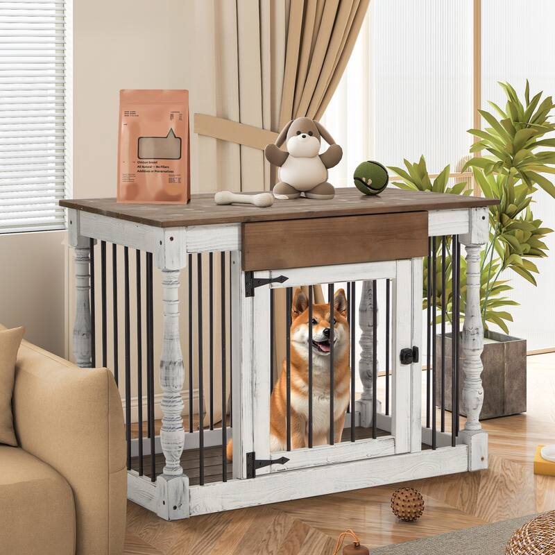 EROMMY 39" Wood Dog Crate Furniture – Waterproof Top, Roman Columns, Sturdy Iron Bar Kennel, Stylish End Table Indoor Dog Cage